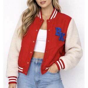 New Look Red Varsity Jacket Faux Shearling Sleeves Snap Front Women's S